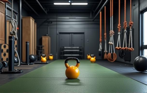 Functional training area with ropes and kettlebells