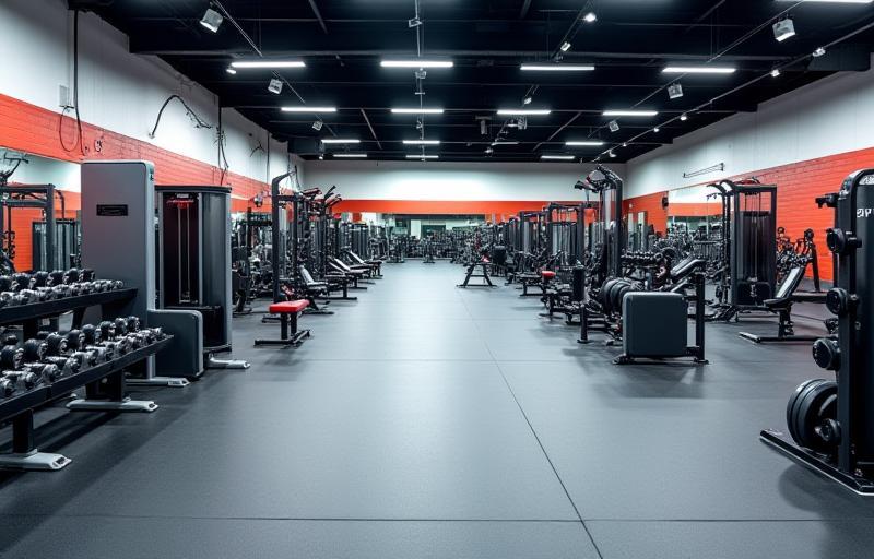Wide shot of the main gym floor with weights and machines
