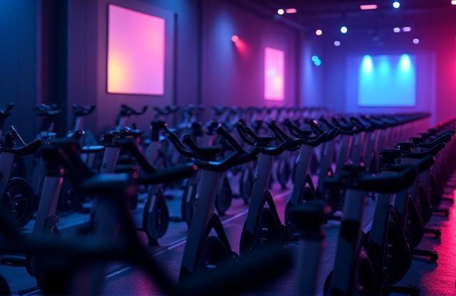 Spinning class studio with rows of bikes