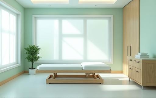 Clean sports therapy room with treatment bed