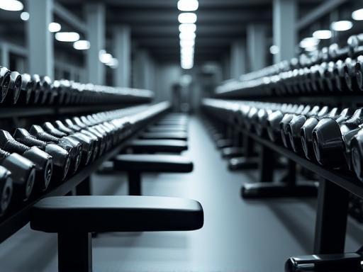 Free weights section with dumbbells and benches