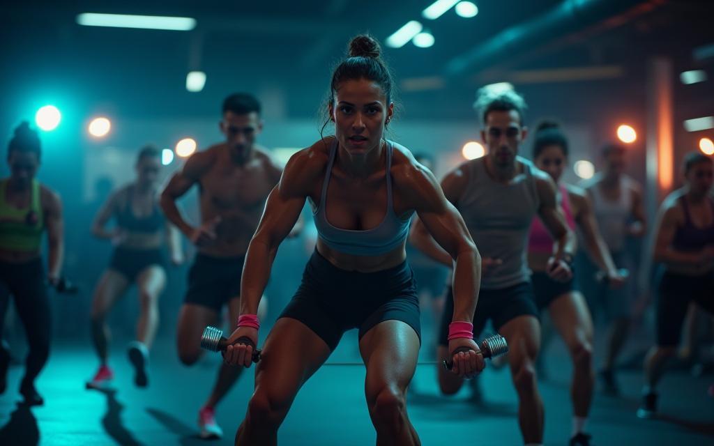 Dynamic shot of people working out in a modern gym with vibrant lighting