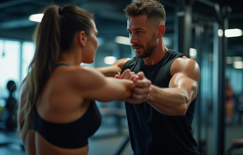 Trainer guiding a client through a dynamic workout session