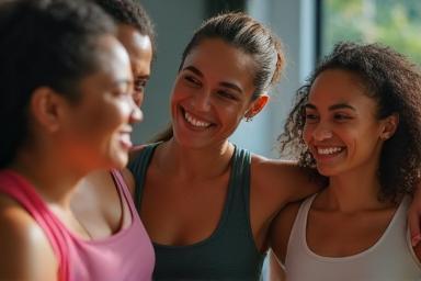 Image representing a supportive community with a smiling fitness group